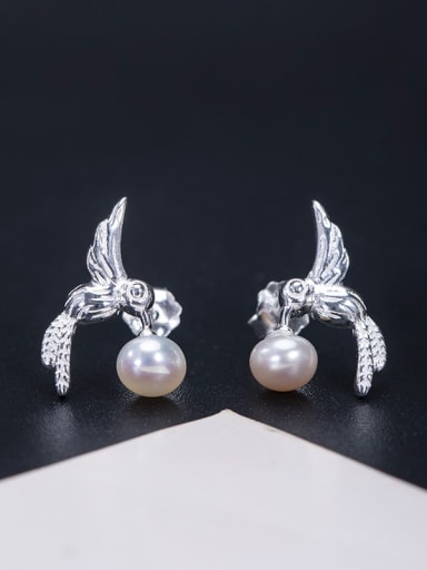 custom 925 Sterling Silver Imitation Pearl  Vintage Hummingbird Stud Earring