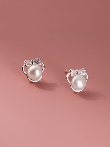 925 Sterling Silver Imitation Pearl Bowknot Cute Stud Earring