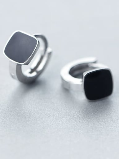 925 Sterling Silver Black Enamel Square Minimalist Huggie Earring