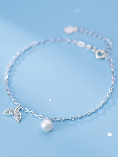925 Sterling Silver Imitation Pearl Leaf Minimalist Link Bracelet