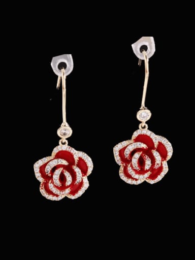 Red rose Brass Cubic Zirconia Flower Vintage Hook Earring