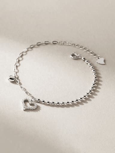Silver 925 Sterling Silver Cubic Zirconia Heart Minimalist Link Bracelet