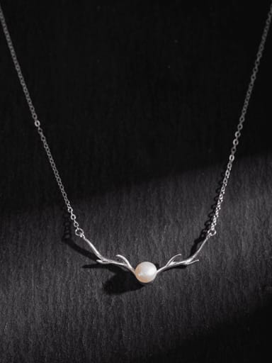 925 Sterling Silver Imitation Pearl Antlers Minimalist Necklace