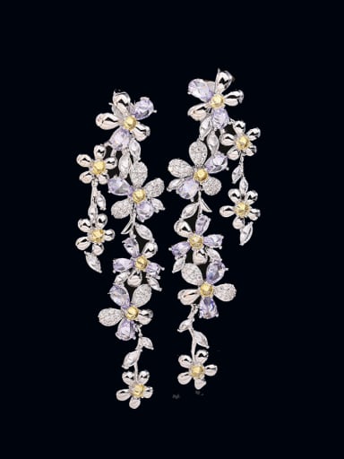 platinum+ purple Brass Cubic Zirconia Multi Color Flower Luxury Cluster Earring