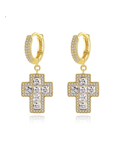 Brass Cubic Zirconia Cross Luxury Huggie Earring