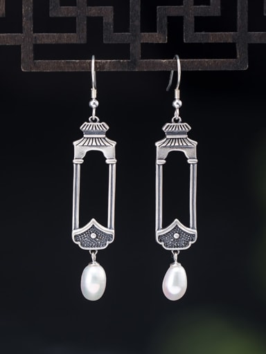 925 Sterling Silver Freshwater Pearl Geometric Vintage Hook Earring