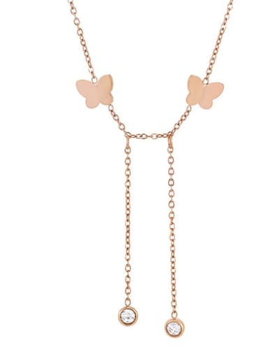 Rose Gold Titanium Steel Cubic Zirconia Butterfly Dainty Lariat Necklace