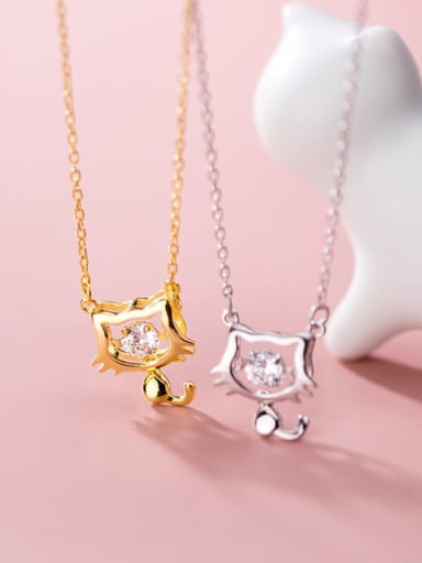 925 sterling silver rhinestone Cute cat  Pendant necklace