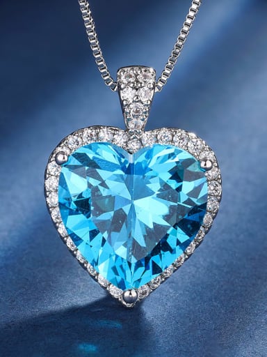 Sea Blue Pendant Brass Cubic Zirconia Luxury Heart Earring and Necklace Set