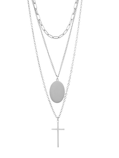 Platinum Titanium Steel Cross Minimalist Multi Strand Necklace