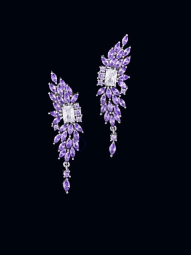Purple; Brass Cubic Zirconia Water Drop Luxury Cluster Earring