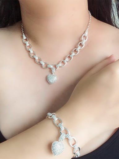 Silver Bracelet Brass Cubic Zirconia Luxury Heart Braclete and Necklace Set
