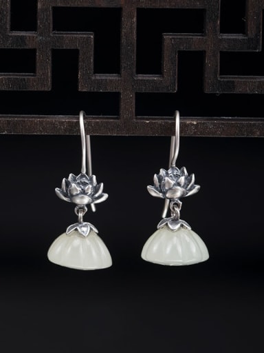 925 Sterling Silver Jade Flower Vintage Drop Earring