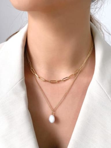 Titanium Imitation Pearl Water Drop Minimalist  Hollow Chain Necklace