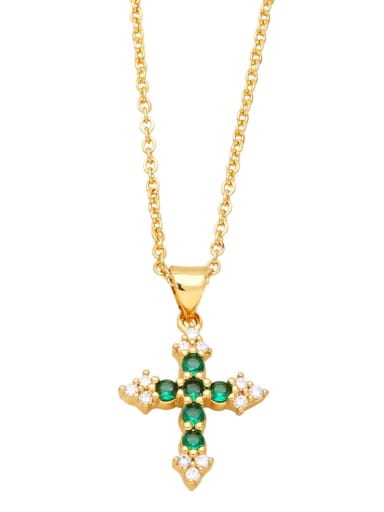 green Brass Cubic Zirconia Cross Hip Hop Regligious Necklace