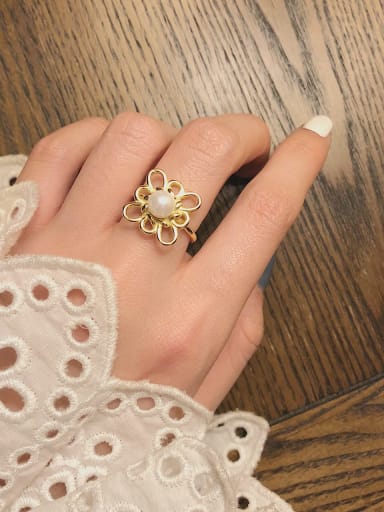 925 Sterling Silver Imitation Pearl Hollow  Flower Minimalist Free Size Band Ring