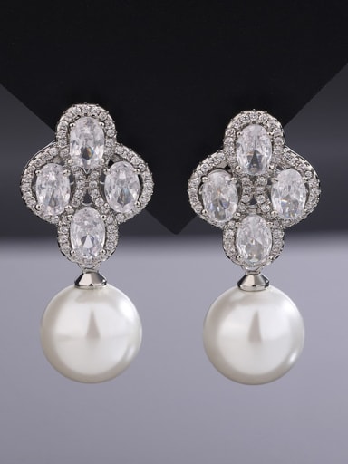 White pearl earrings Brass Cubic Zirconia Luxury Clover Earring and = Set