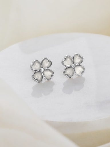 ES1996 Small Platinum 925 Sterling Silver Cats Eye Clover Minimalist Stud Earring
