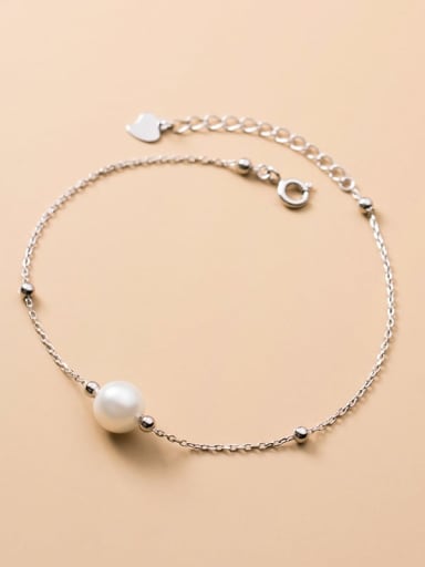 925 Sterling Silver Imitation Pearl Round Minimalist Link Bracelet