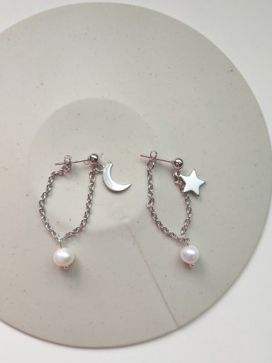 925 Sterling Silver Imitation Pearl Star Moon Minimalist Threader Earring