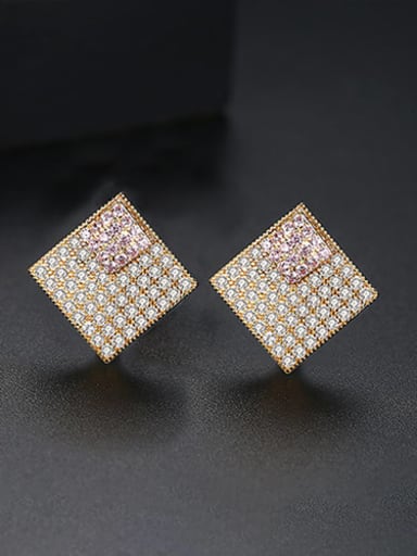 18K t02b21 main stone pink plating Copper Cubic Zirconia Square Luxury Stud Earring