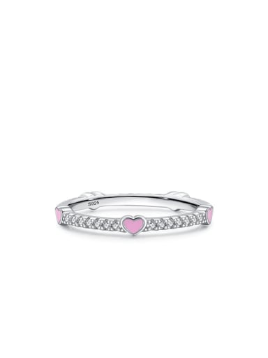 Pink 925 Sterling Silver Enamel Cubic Zirconia Heart Minimalist Band Ring