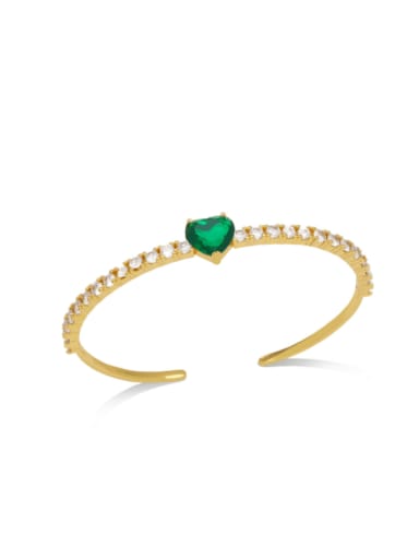 green Brass Cubic Zirconia Heart Minimalist Cuff Bangle