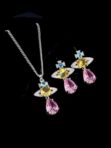 Brass Cubic Zirconia Multi Color Luxury Water Drop  Earring and Necklace Set