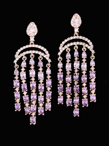 Purple Brass Cubic Zirconia Tassel Luxury Cluster Earring