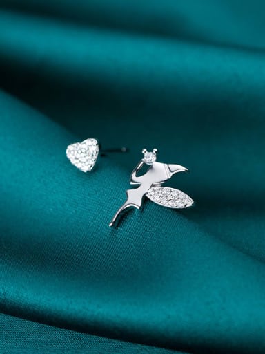 925 Sterling Silver Cubic Zirconia Asymmetric Angel Heart Cute Stud Earring