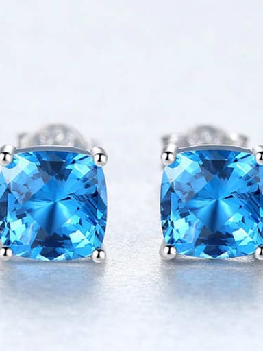 925 Sterling Silver Cubic Zirconia Blue Square Luxury Stud Earring