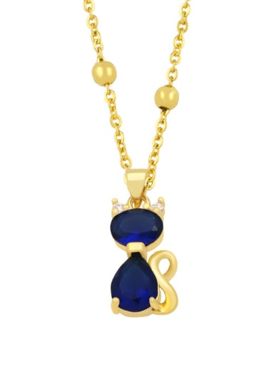 blue Brass Cubic Zirconia  Vintage Cat Pendant Necklace