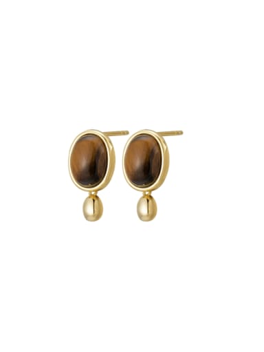 Gold oval tiger eye stone earrings 925 Sterling Silver Tiger Eye Geometric Vintage Drop Earring