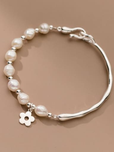 925 Sterling Silver Freshwater Pearl Flower Minimalist Beaded Bracelet
