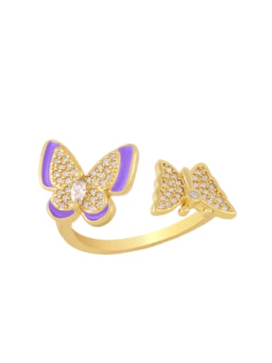 purple Brass Enamel Cubic Zirconia Butterfly Hip Hop Band Ring