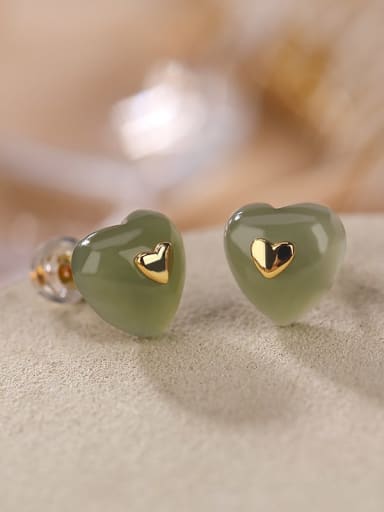 925 Sterling Silver Jade Heart Vintage Stud Earring