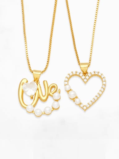 Brass Imitation Pearl Vintage Letter  Heart Pendant Necklace