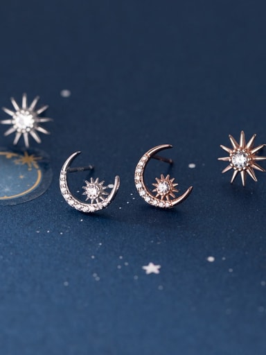 925 Sterling Silver Rhinestone Cute  Asymmetry Moon Sun Stud Earring