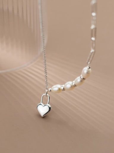 925 Sterling Silver Freshwater Pearl Heart Minimalist Asymmetric chain Necklace