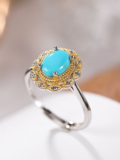 925 Sterling Silver Turquoise Flower Ethnic Band Ring