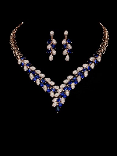 Brass Cubic Zirconia Luxury Leaf  Earring and Necklace Set