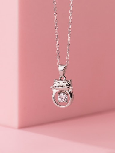 925 Sterling Silver Cubic Zirconia Cat Cute Necklace