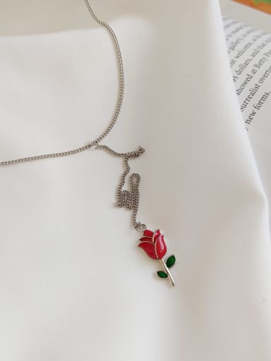 925 Sterling Silver Red Enamel Flower Cute Lariat Necklace