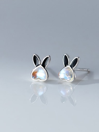 White Glaze Black 925 Sterling Silver Cubic Zirconia Rabbit Cute Stud Earring