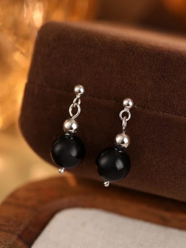 ES2623 [White Gold Black Agate] 925 Sterling Silver Imitation Pearl Geometric Minimalist Drop Earring