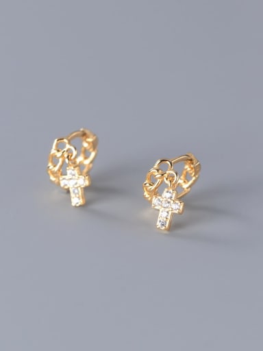 Gold 925 Sterling Silver Cubic Zirconia Cross Trend Huggie Earring
