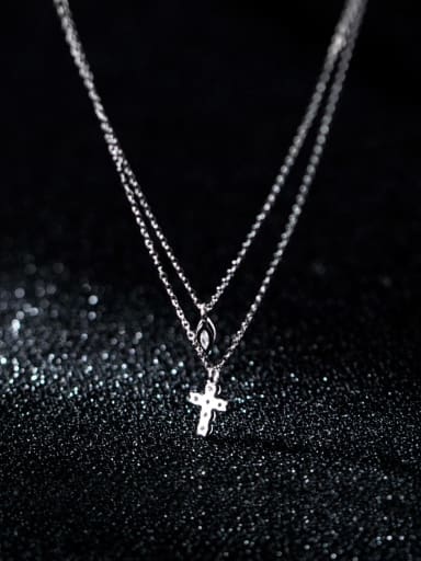 Silver 925 Sterling Silver Cubic Zirconia Cross Dainty Multi Strand Necklace