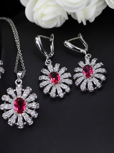 Brass Cubic Zirconia Luxury Flower  Earring Ring and Necklace Set