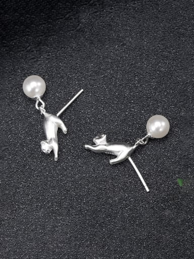 925 Sterling Silver Imitation Pearl Cat Vintage Drop Earring