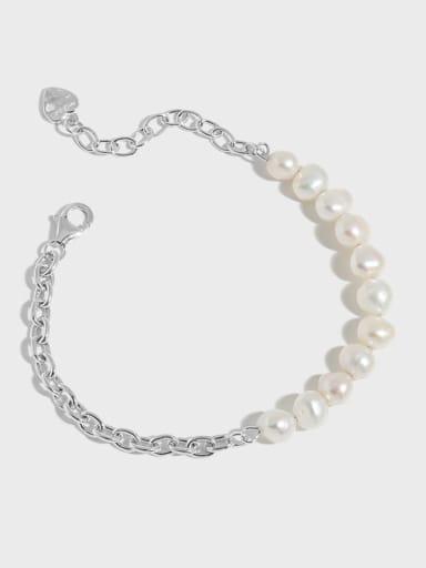 925 Sterling Silver Imitation Pearl Geometric Vintage Link Bracelet